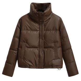 黑色免洗PU皮立领短款羽绒服女2025冬季新款加厚面包服小款外套