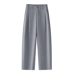 拉夏贝尔乌木棕羊毛阔腿弯刀裤子女2025款加绒加厚休闲毛呢贝斯裤