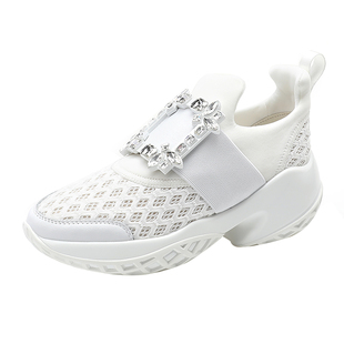 真皮rv水钻方扣春夏款厚底内增高百搭小白鞋网纱透气运动老爹鞋女