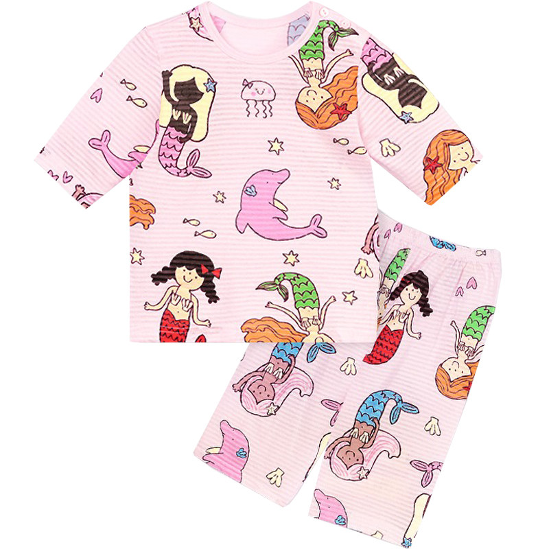 儿童睡衣家居服夏女童七分袖竹节棉短袖宝宝纯棉空调服中袖美人鱼