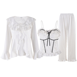 商场同款MYBODY家居服甜美时尚荷叶边点缀吊带长袖开衫睡衣套装女