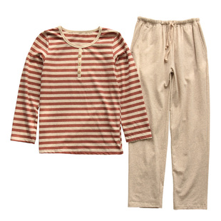 天竺棉女士条纹家居服套装纯棉针织长袖长裤两件套日系睡衣春秋装