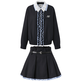 Eimismosol2026春季新款撞色假两件翻领夹克外套百褶短裙休闲套装