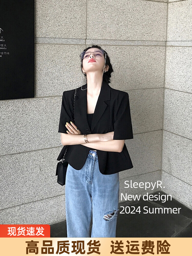 法式复古黑色西装短袖外套女夏季新款气质宽松休闲薄款短款小西服