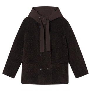 诗篇专选休闲百搭布艺拼接连帽颗粒羊羔毛外套2026春季新款