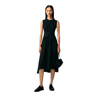 【小黑裙】JASON WU春夏新款通勤抽褶针织拼接交叉绑带长裙连衣裙