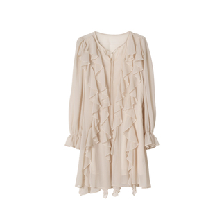 ENJOYME商场同款法式荷叶边不规则连衣裙女秋季小个子泡泡袖长裙