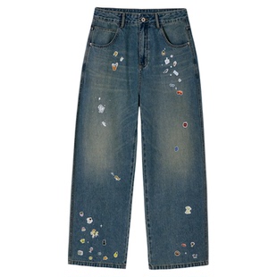 PSO Brand 男装女装可爱小贴纸水洗美式牛仔裤宽松直筒长裤秋潮牌