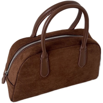 秋冬复古棕色麂皮绒波士顿手提包