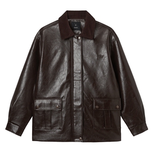 热风女士夹克外套上衣2025年秋季新款翻领复古经典中长仿皮夹克