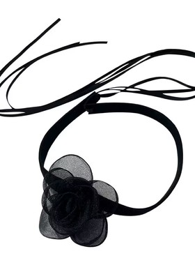 夏季度假风黑色网纱玫瑰花朵项链