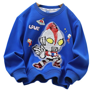 冬季男童赛罗迪迦卡通卫衣新款中大儿童痞酷帅气变色亮片加绒上衣