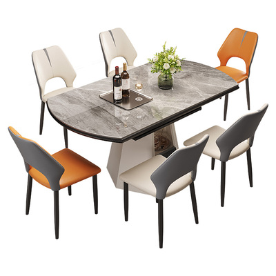 政府补贴蓝色理想岩板餐桌椅组合法式复古家用伸缩折叠可伸缩圆桌