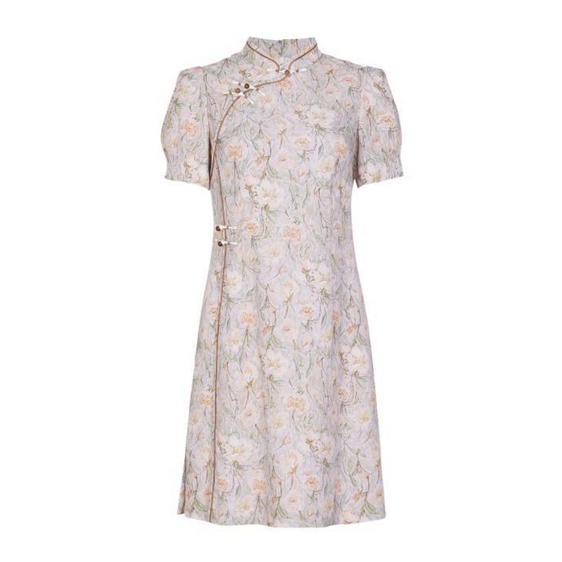婉甸夏季新品粉色印花旗袍连衣裙1242N53SJ3YX