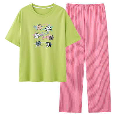 芬腾正品睡衣女夏季纯棉短袖长裤