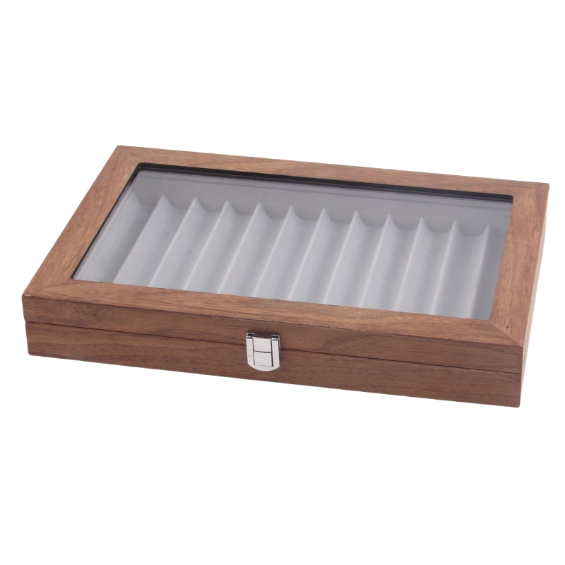 钢笔收纳盒黑胡桃木纹灰绒布12格名笔收藏陈列架玻璃天窗防尘防刮