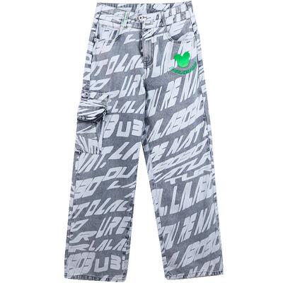 LALABOBO宽松直筒字母潮酷牛仔裤