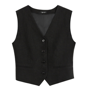 Maven Lin 老钱风1OO亚麻西装马甲女黑色夏季纯麻料无袖背心上衣