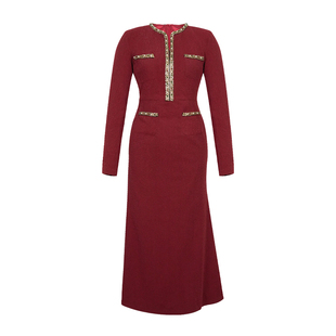 巨好看的早秋红色长袖连衣裙女法式轻奢高级感修身显瘦毛绒长裙子