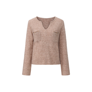 halfmoon X LOOKNOW2025秋冬新款杏色v领口袋钉珠针织衫女