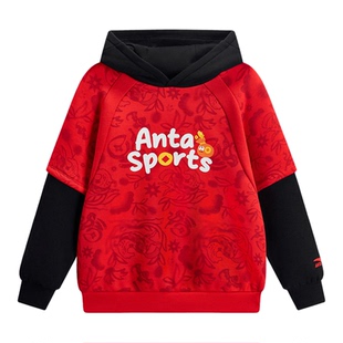 马年新年红色安踏儿童男童卫衣连帽套头衫2026春保暖宝宝加绒卫衣