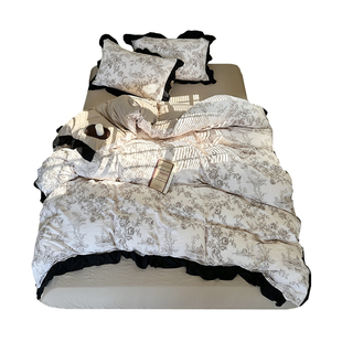 ins法式复古风花边水洗棉纯棉床上四件套被套床单床笠学生三件套4