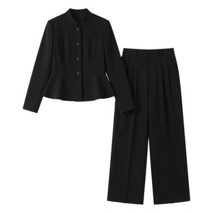 春秋大码女装立领夹克套装女时尚高级感黑色西服阔腿裤休闲两件套