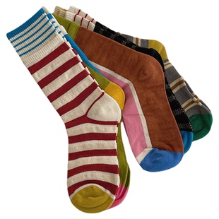 秋冬新款彩色条纹女士纯棉中筒袜日系ins街头潮流拼色双罗口袜子