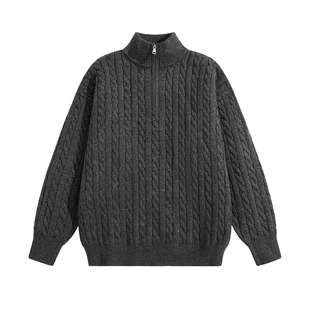 雪中飞毛衣男冬季内搭毛衫新款男士灰色绞花半拉链立领针织衫PCD