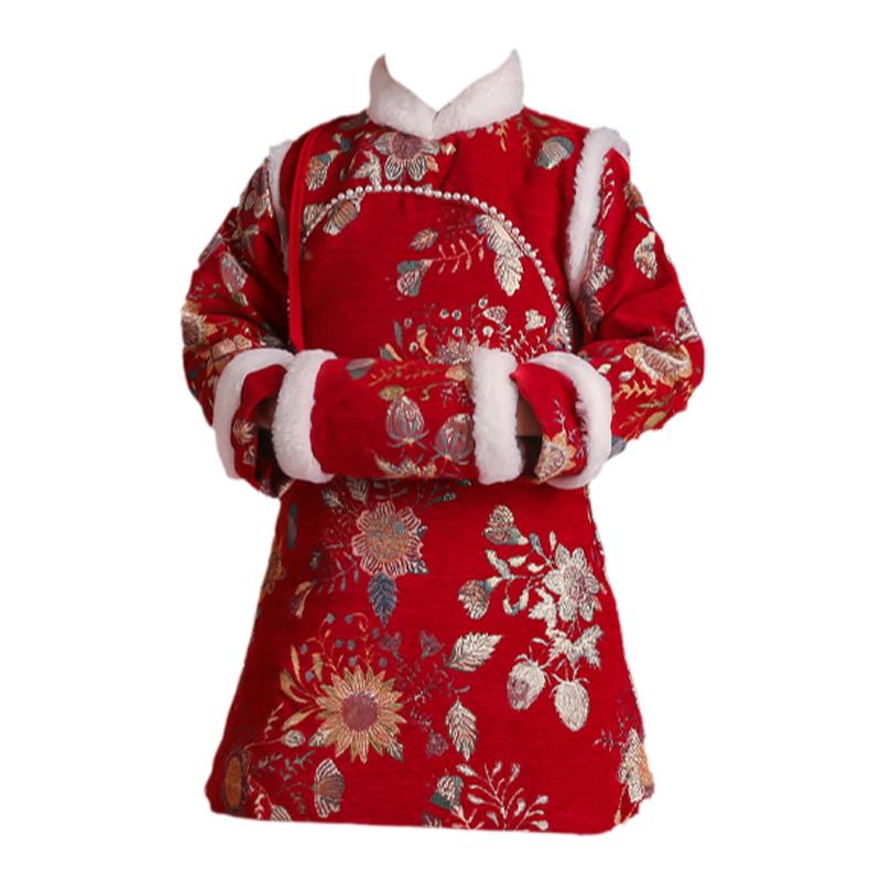 儿童唐装拜年旗袍女童过年服国风汉服冬款加棉加厚新年女宝连衣裙