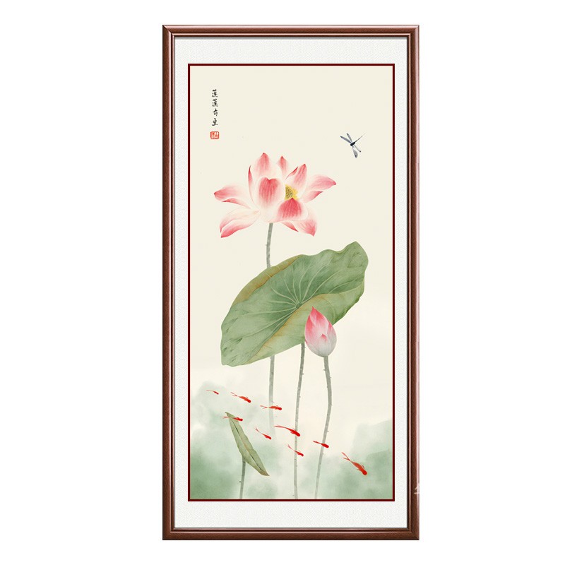 荷花九鱼新中式镇宅招财玄关挂画