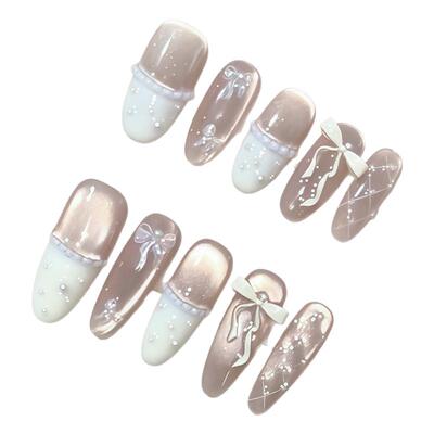 芭蕾风法式蝴蝶结猫眼手工穿戴甲