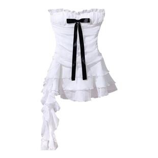 Cjxnh蝴蝶结连衣裙 雪纺修身抹胸裙褶皱飘带显瘦百搭仙女辣妹包邮