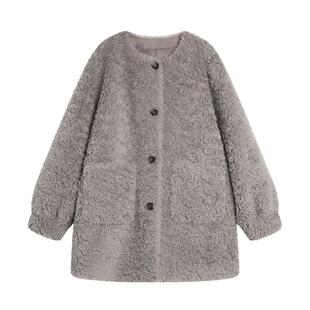 【100%绵羊毛】ELLE针织围巾毛绒外套女2025冬新款独特羊羔毛上衣