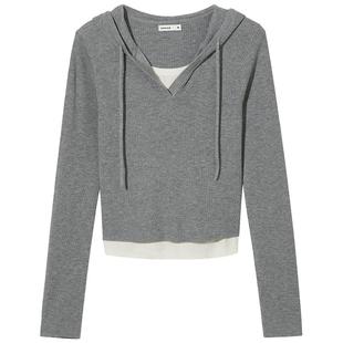 热风女士连帽针织衫上衣2025年秋季新款假两件针织衫韩系修身内搭