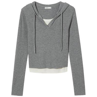 25年秋新款女士假两件带帽针织衫