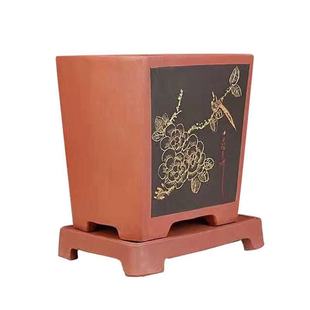 宜兴紫砂花盆127扁四方长方兰花盆绿植盆景中国风透气带底座包邮