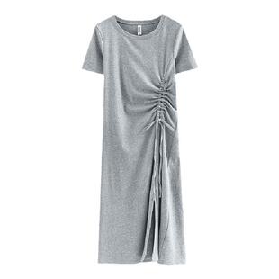 夏季休闲短袖连衣裙长款纯白圆领显瘦收腰抽绳褶皱侧开叉裙子内搭