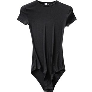 欧美紧身显瘦打底连体衣短袖高弹力薄棉 夏季性感修身纯色连裆T恤