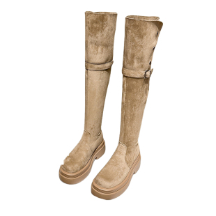 厚底过膝长筒靴女2025新款绒面高筒靴小个子卡其色胖mm粗腿长靴子