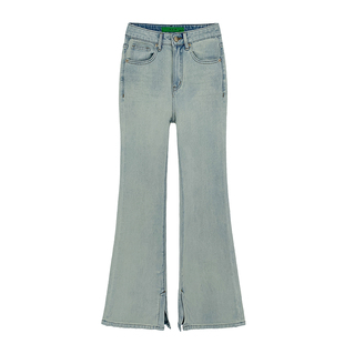 【现货】西草儿8809开叉微喇牛仔裤女新款浅蓝拖地裤高腰喇叭长裤