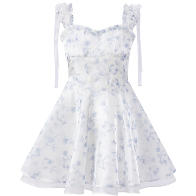 乐町显瘦宽肩带连衣裙夏季新款显瘦显高塔克设计清新蓝碎花短裙