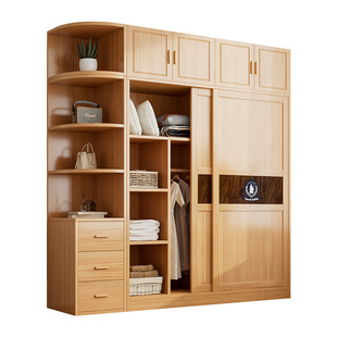 全实木衣柜卧室家用2025新款爆款原木风收纳柜儿童衣柜推拉门衣橱