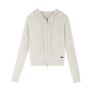 伊纳芙连帽绵羊毛针织开衫女冬季新款气质修身显瘦毛衣双拉链外套