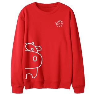 Ohlyah品牌牛年本命年衣服红色卫衣女男情侣装纯棉圆领跨年新年装