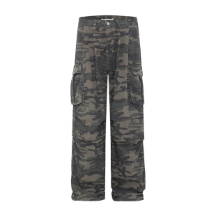MRNEARLY美式复古阔腿直筒迷彩工装裤男宽松慵懒潮牌街舞休闲裤子