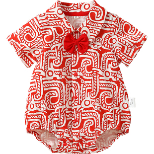 龙喜年婴儿满月衣服夏季男宝红色国风连体抓周百天百岁宴周岁礼服