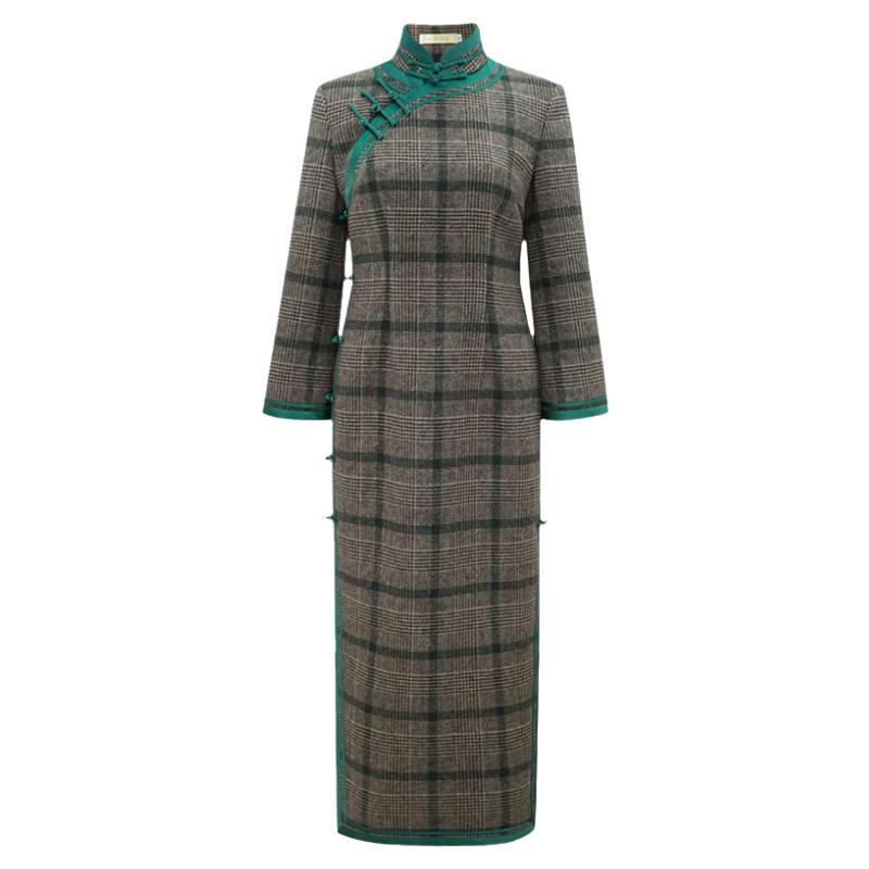 华族经典真丝羊毛呢旗袍中长款2025年秋冬款中式复古开襟格子祺袍