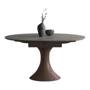 北欧实木餐桌带电磁炉可变圆桌意式折叠胡桃色侘寂风伸缩岩板餐桌