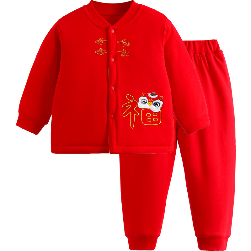 月牙子宝宝夹棉棉服婴儿年服大红色棉衣男宝女宝加厚棉袄套装